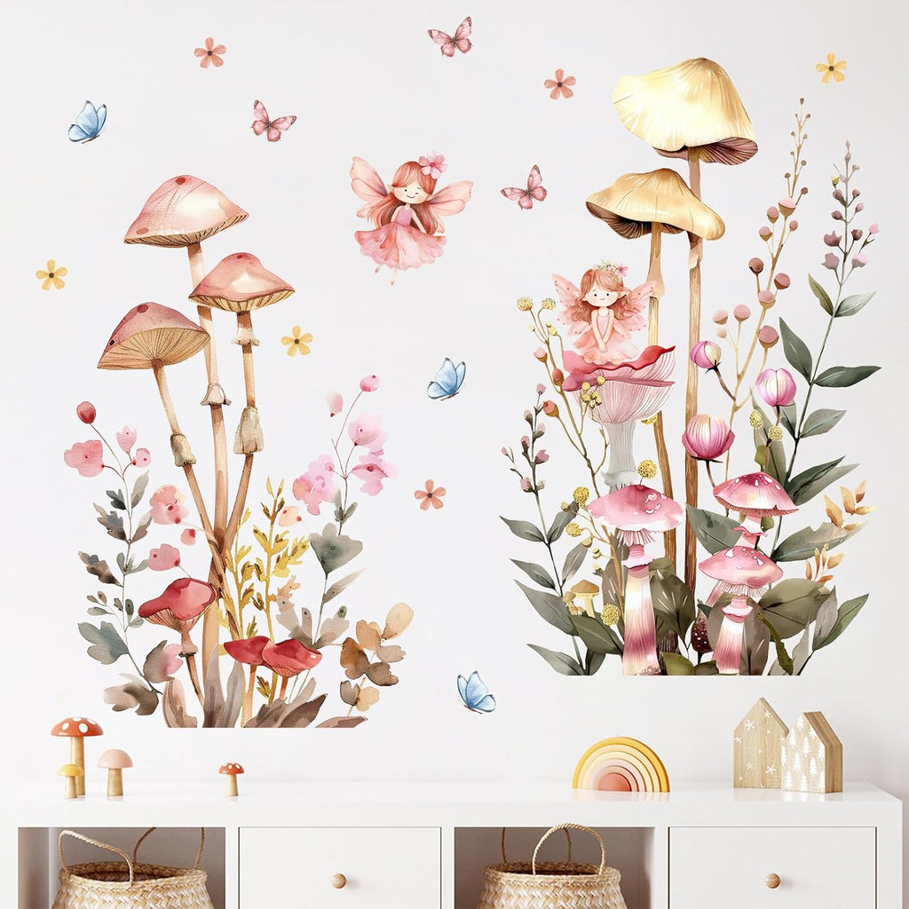 Fairy Mushroom Wall Decals for Nursery, Watercolor Floral Wall Stickers | with Butterflies and Flowers, Peel and