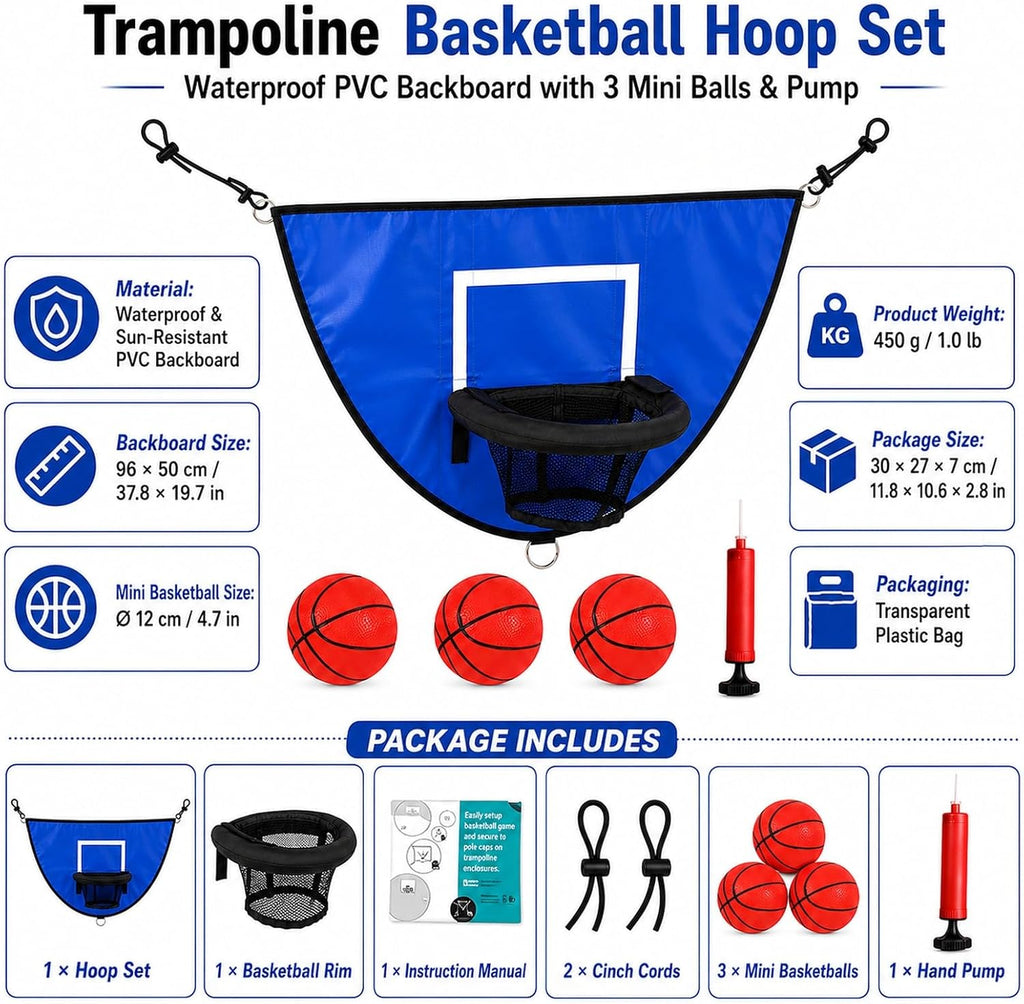 Trampoline Basketball Hoop Attachment, Soft PVC Backboard, 3 Balls & Pump | Attaches to enclosure net or poles; no