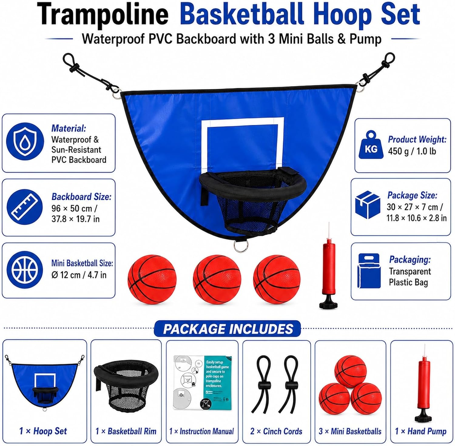 Trampoline Basketball Hoop Attachment, Soft PVC Backboard, 3 Balls & Pump | Attaches to enclosure net or poles; no