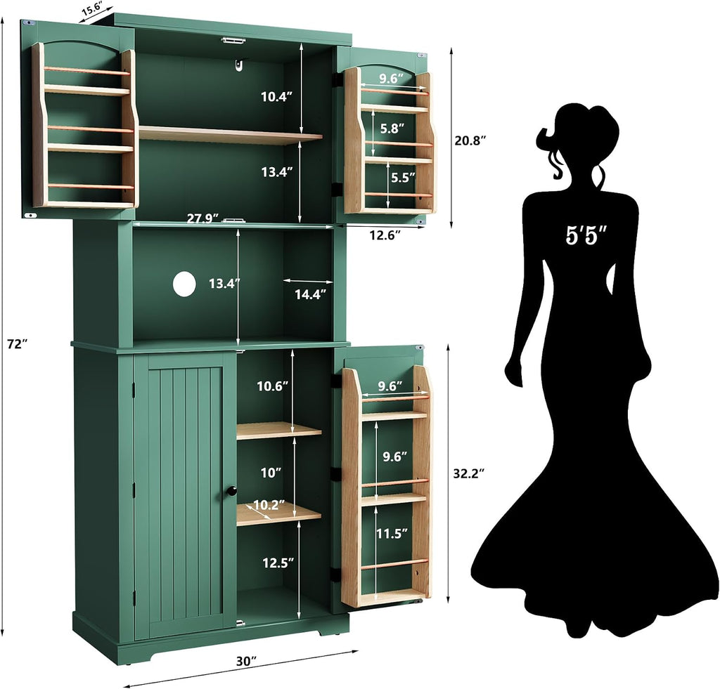 72" Kitchen Pantry Storage Cabinet with Open Countertop, Freestanding Larder Cupboard with Microwave Stand, Utility