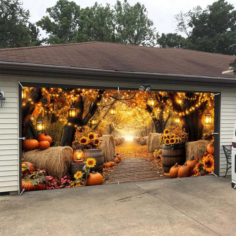 Fall Photo Garage Door Cover Decorations, Autumn Forest Scenery Maple Leaves Pumpkins Sunflowers Farm Harvest