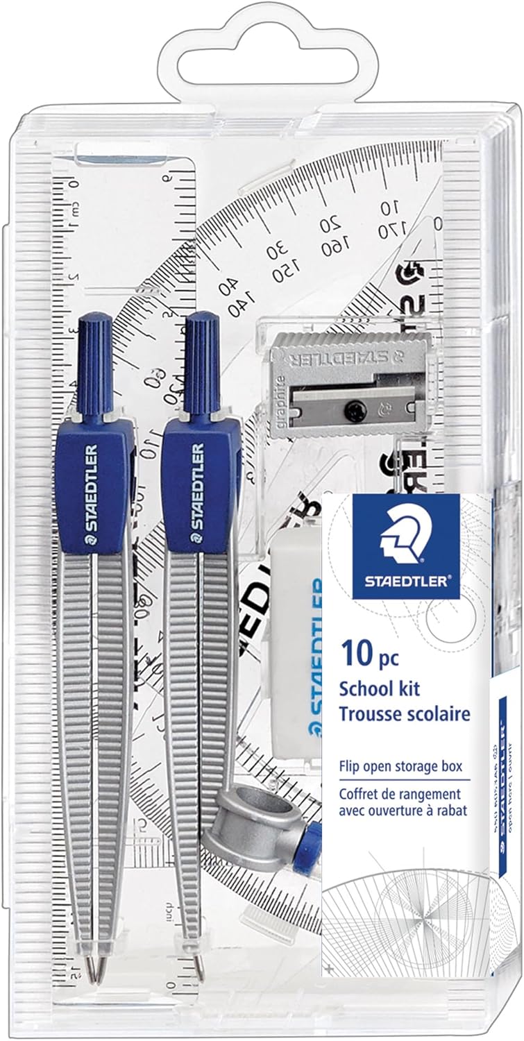 School Kit Math Geometry Set - 10-Piece Compass, Protractor & Ruler Kit with Flip Open Storage Box - Clear Measuring