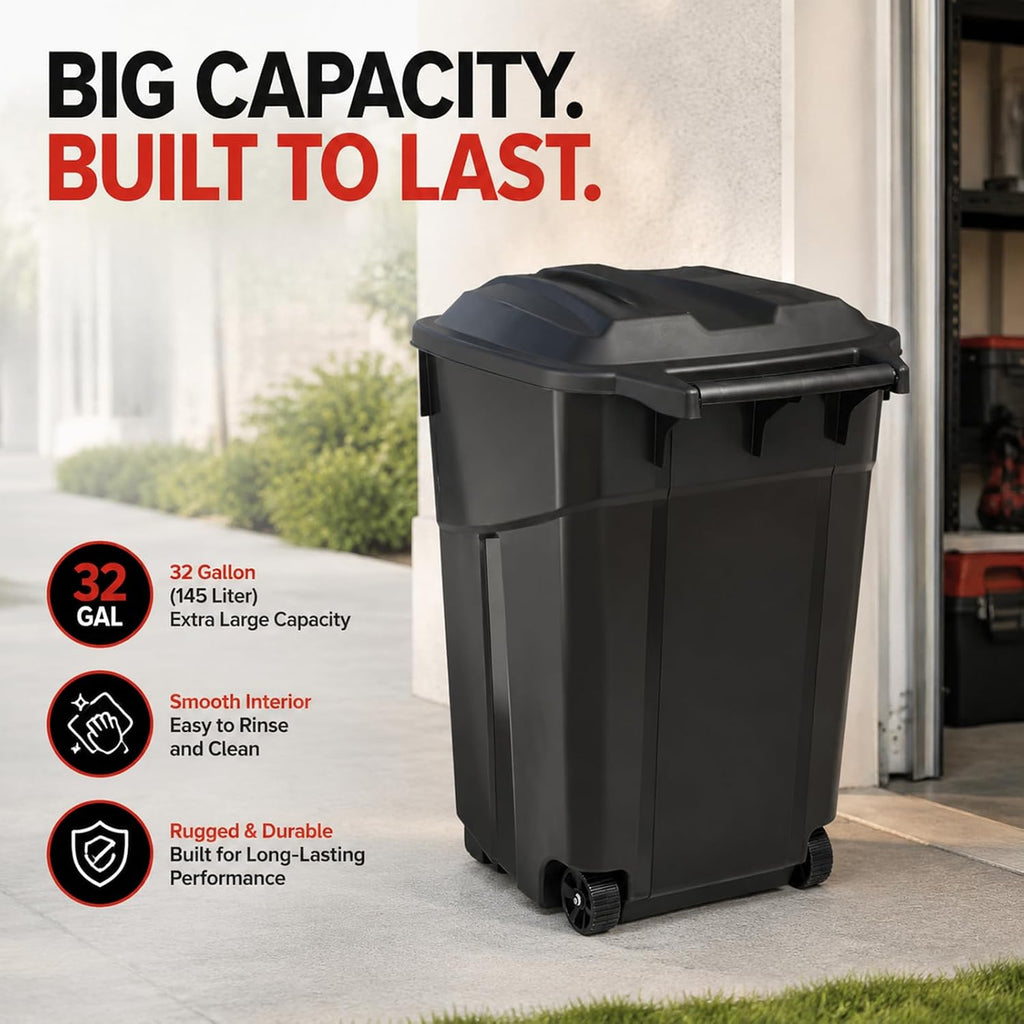 32 Gallon Outdoor Trash Can with Lid - Heavy Duty Garbage Bins with 2 Rugged Wheels,Wheeled Heavy Duty Plastic
