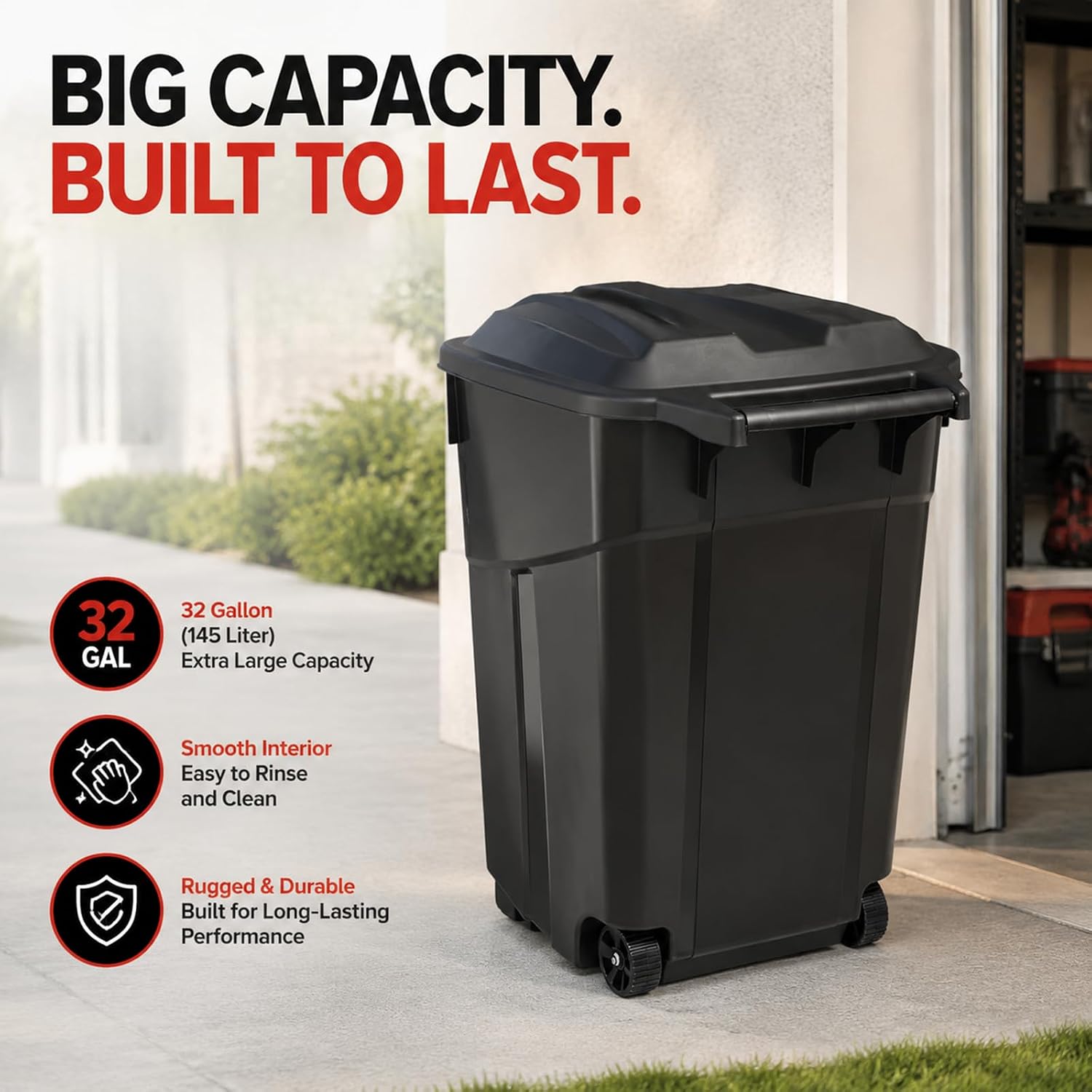 32 Gallon Outdoor Trash Can with Lid - Heavy Duty Garbage Bins with 2 Rugged Wheels,Wheeled Heavy Duty Plastic