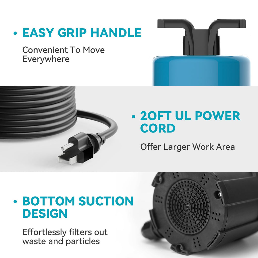 BOMGIE 1/2HP Sump Pump 1080GPH Submersible Water Pump with Float Switch