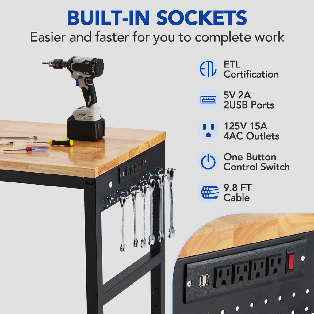 Workbench Adjustable 75' x 25', 29.5"-38.4" Heights Garage Worktable with Universal Wheels Power Outlet, Heavy-Duty