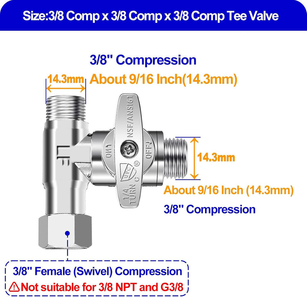Tee Stop Valve - 3/8"Compx3/8"Compx3/8"Comp Brass Tee for Faucet,Dishwasher
