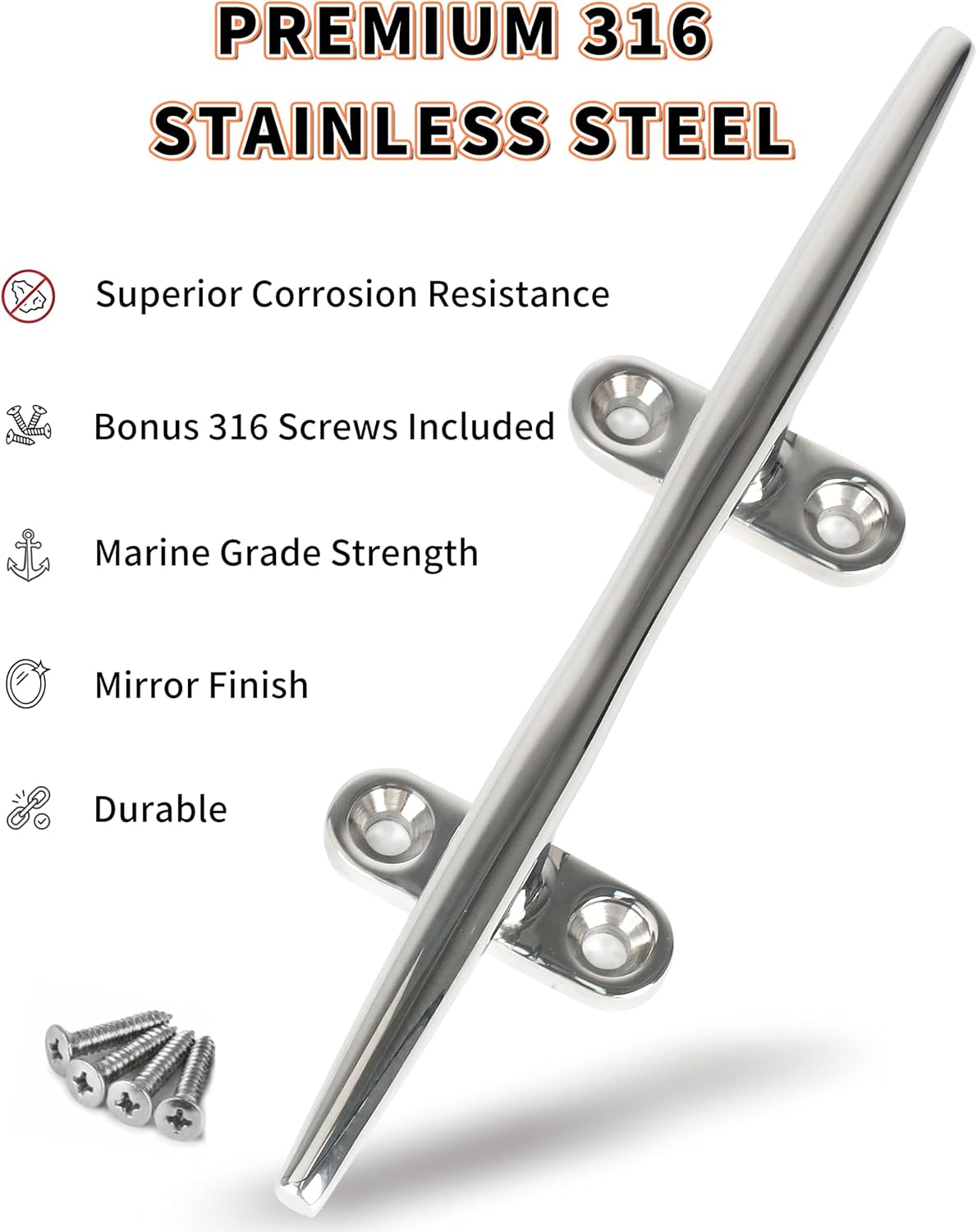 OULEME 4" 5" 6" 8" Boat Cleat, 316 Stainless Steel Open Base Dock Cleat, Marine Grade Rope Cleat with Fasteners for Deck Mooring and Nautical Decor, 2-Pack/4-Pack