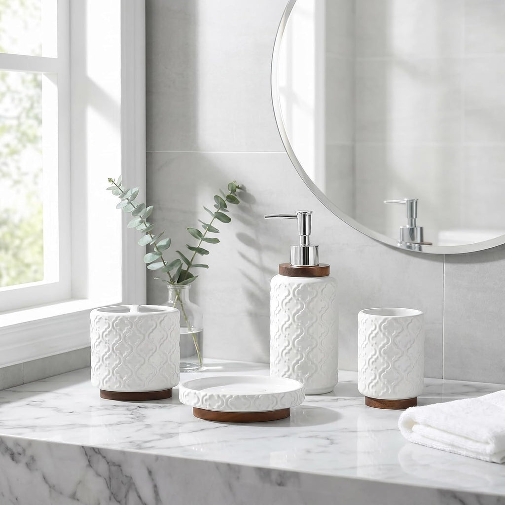 Ceramic 4-Piece Bathroom Accessory Set,White | Ceramic Bathroom Set 4-Piece Countertop Essentials Embossed Textured