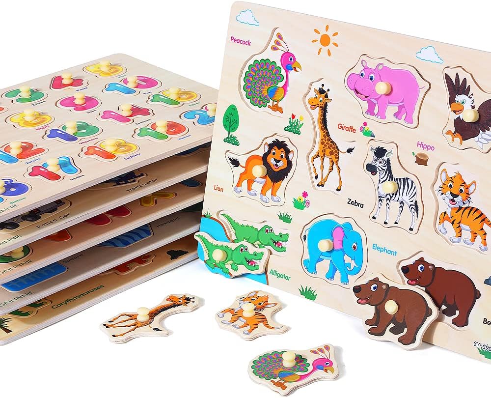 GRINNNIE Wooden Peg Puzzle for Toddlers, 6 Pack Toddler Puzzles Set for 3 4 5 Years Old (Alphabet Number Shape Animal
