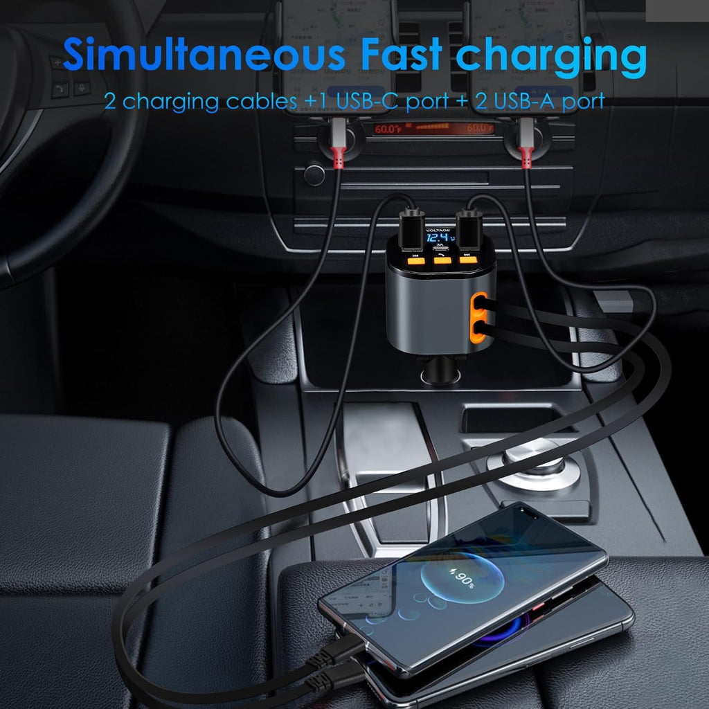 Retractable Car Charger,5 in 1 Fast Car Phone Charger 90W,Bluetooth 5.3 FM Transmitter Adapter,Handsfree Call,2
