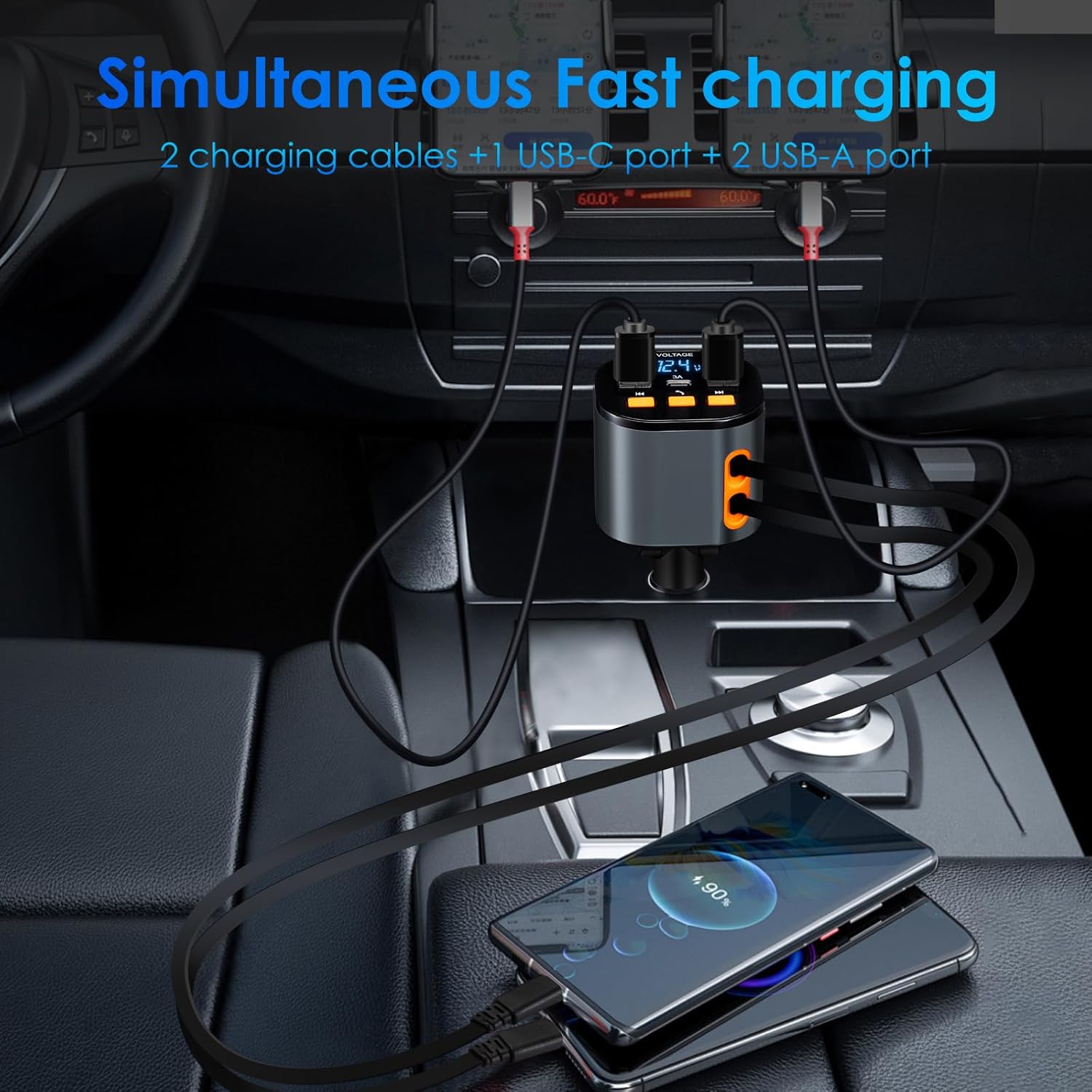 Retractable Car Charger,5 in 1 Fast Car Phone Charger 90W,Bluetooth 5.3 FM Transmitter Adapter,Handsfree Call,2