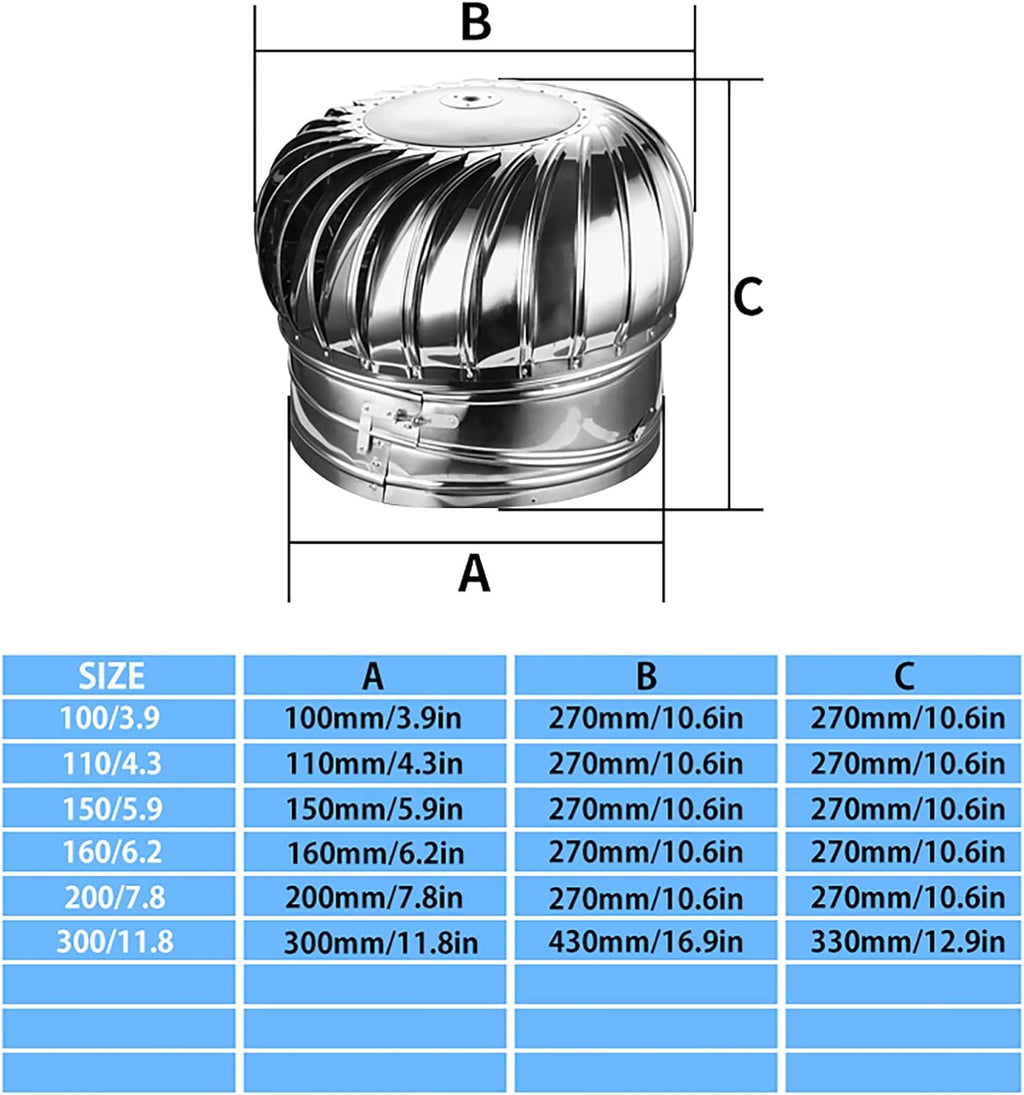 Roof Turbine Ventilator Rotating Chimney Cowl Caps 304 Stainless Steel Powered by Wind Weatherproof Strong and
