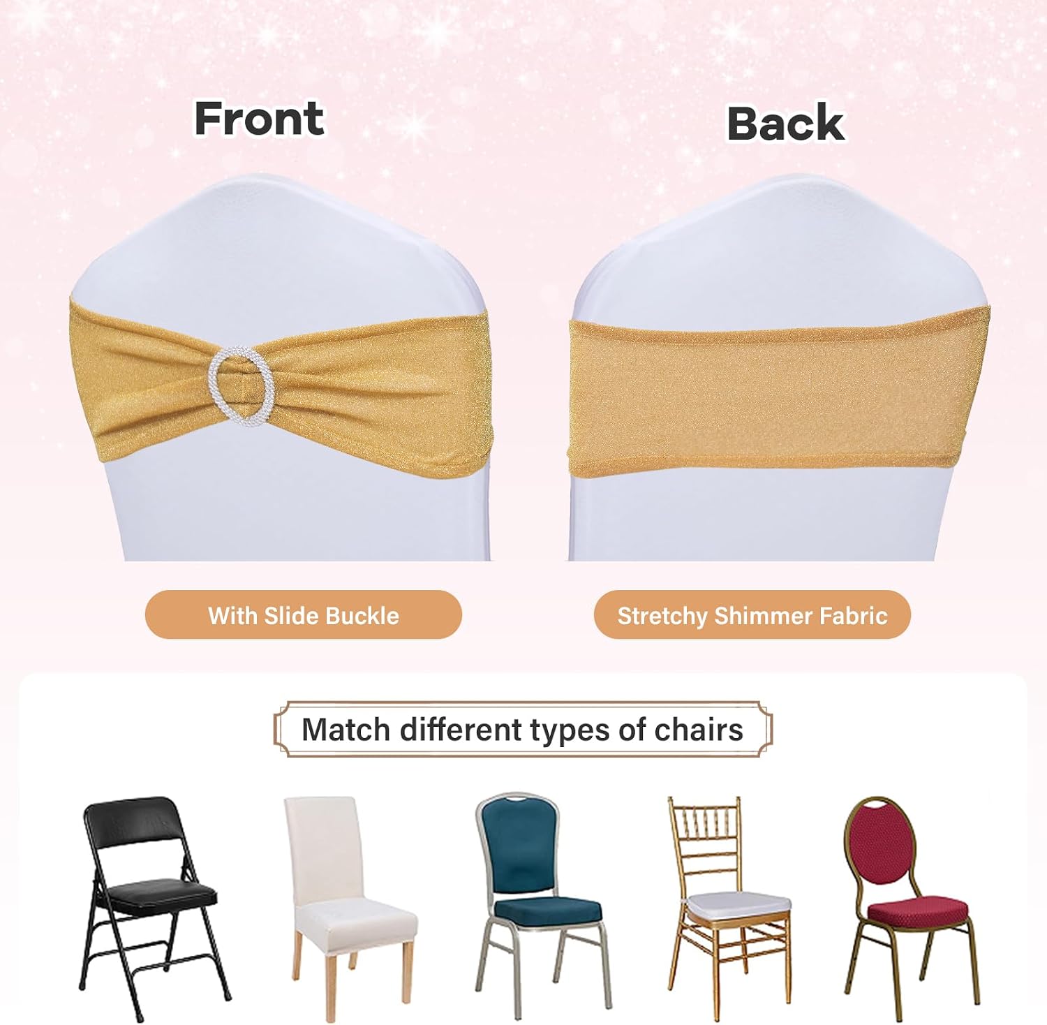 Pack of 10 Gold Chair Sashes Bows with Buckle Slider Universal Elastic Spandex Bands Ties for Banquet Event Decor