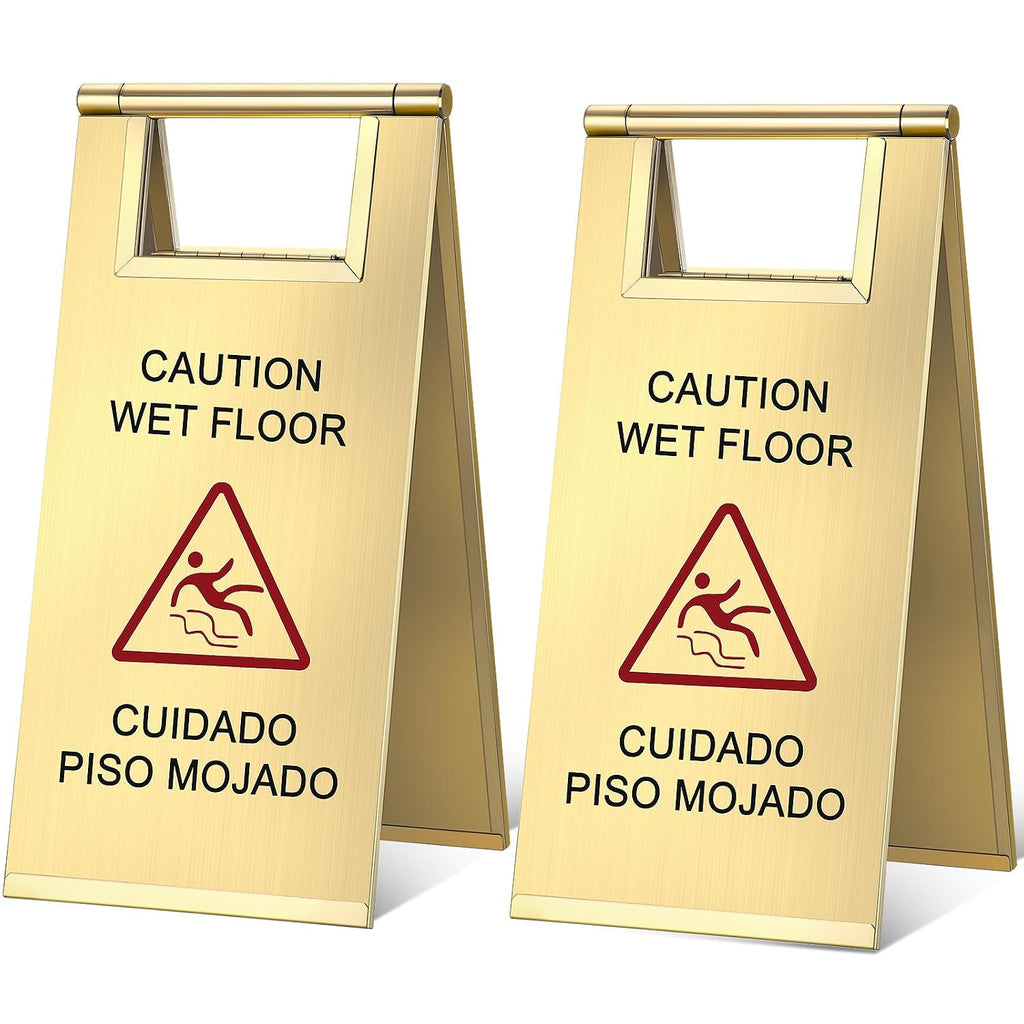 2 Pcs Wet Floor Sign, 17 Inch Stainless Steel Caution Wet Floor Sign Double Sided Portable Foldable Bilingual Safety