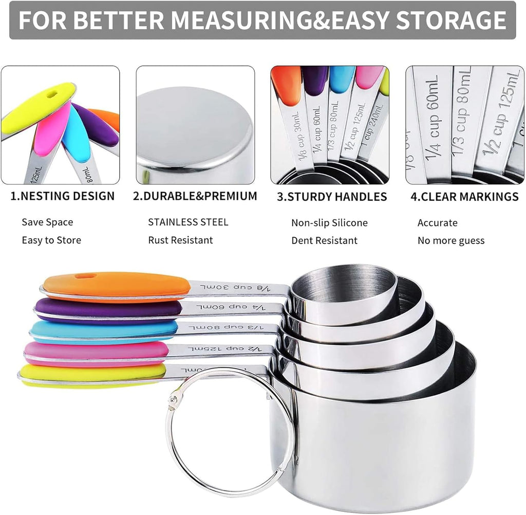 measuring cups and magnetic measuring spoons set, stainless steel measuring cups, 6 double-sided stainless steel