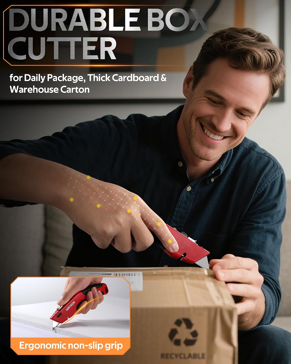 Box Cutter Utility Knife, [2-in-1] Retractable Box Cutter, Safety Heavy Duty Sharp Razor Knife for Home & Warehouse