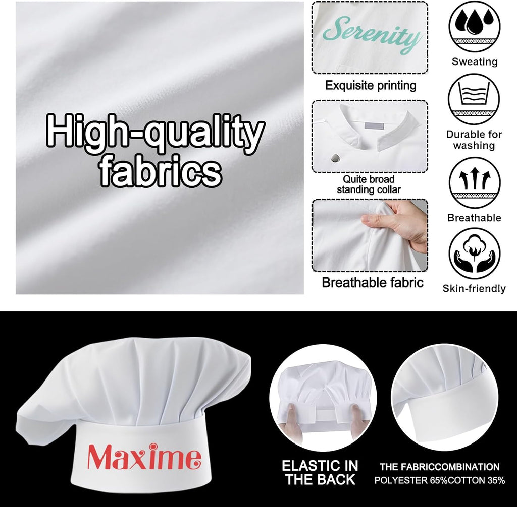 Chef Coat Personalized Name Logo Text Custom Chef Jackets with Pockets Chef's Hat Unisex Work Shirt for Men Women