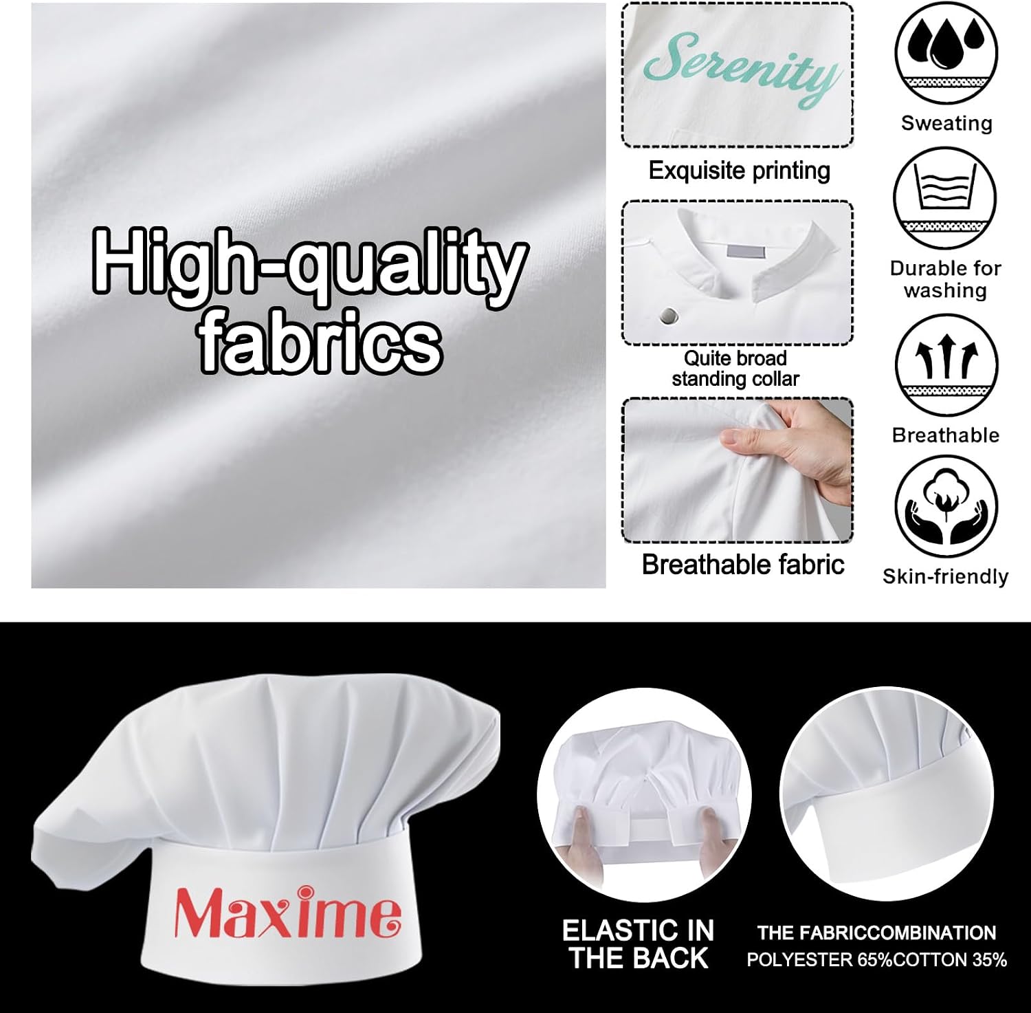 Chef Coat Personalized Name Logo Text Custom Chef Jackets with Pockets Chef's Hat Unisex Work Shirt for Men Women