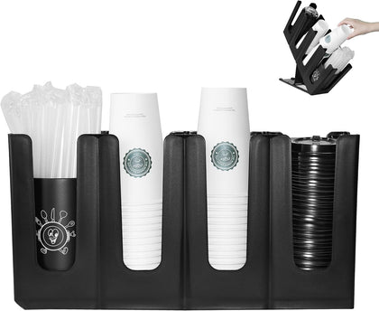 Cup Holder Lid Dispenser with Straw Organizer,Disposable Coffee Cup Dispenser,Cup Storage Organizer for Breakroom