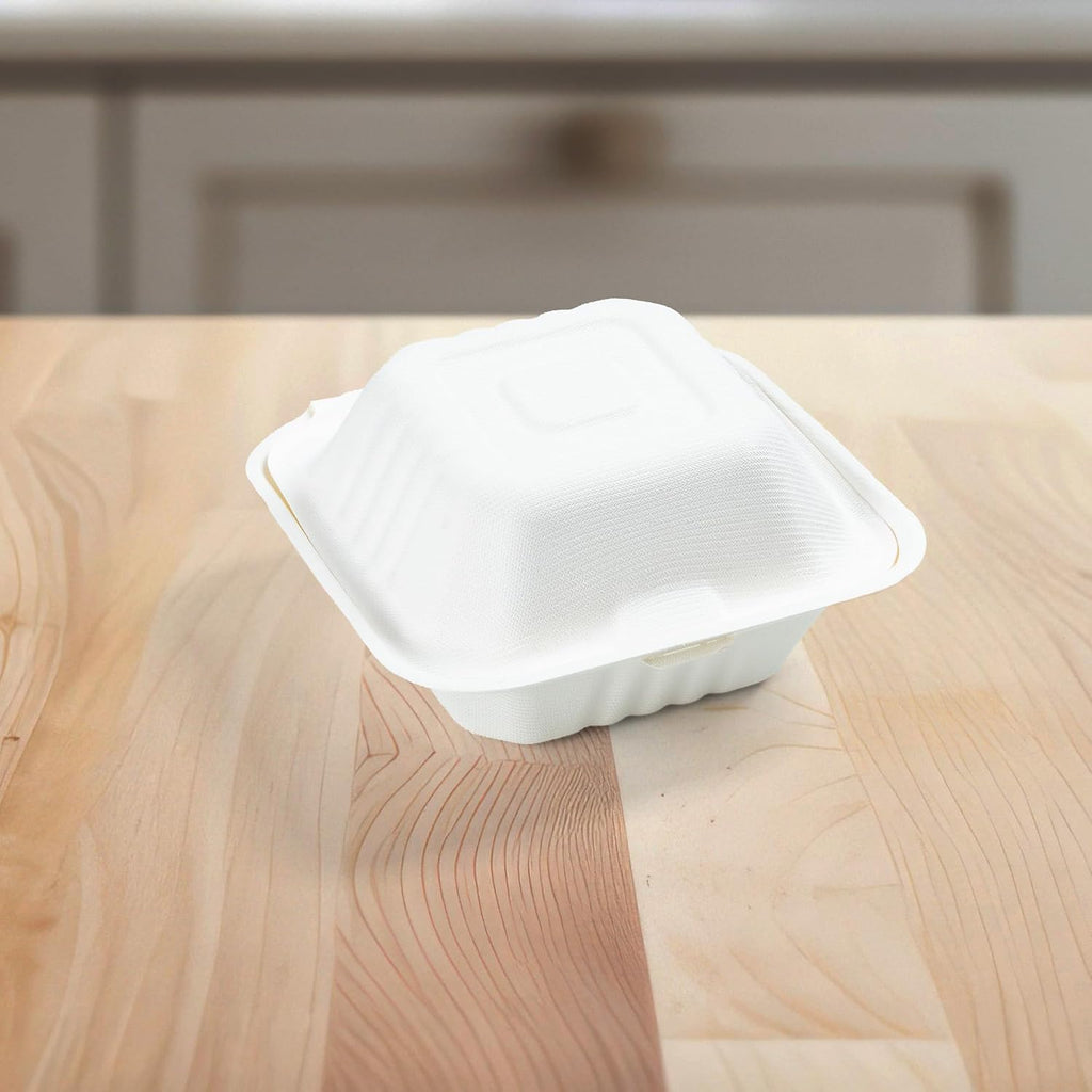 100% Compostable Clamshell Containers - Heavy Duty Disposable Takeout Container [1-Compartment, 6x6x3, 500-Pack] Made
