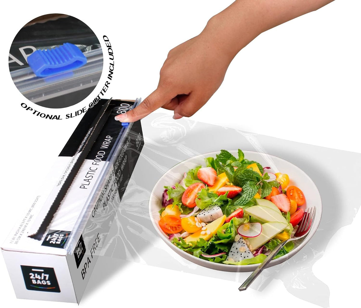 Plastic Food Wrap- 800 SQ. FT. BPA-Free, Includes Optional Slide Cutter, Extra Cling And No Mess, Clear