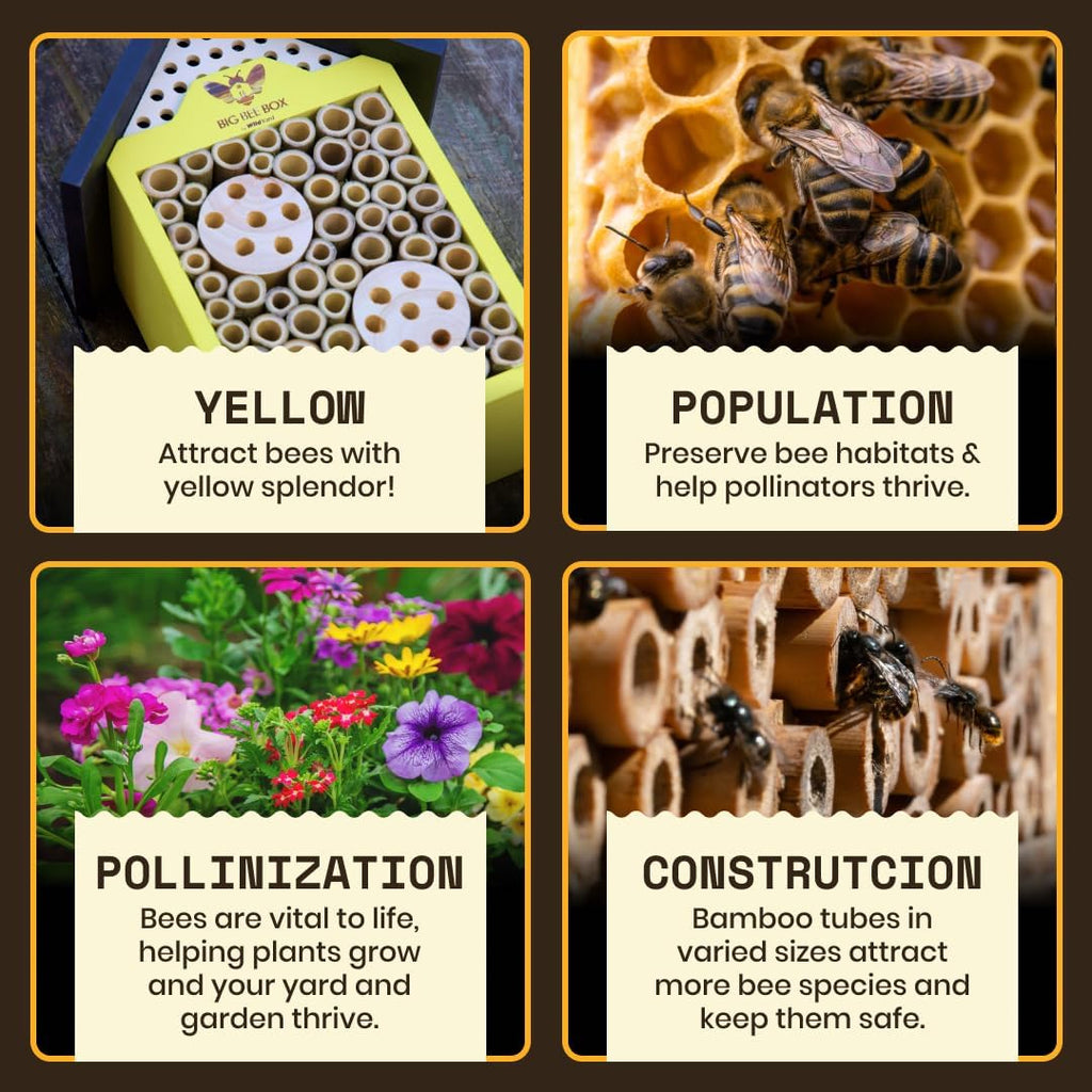 Bee House for Garden - Yellow with Nesting Tubes, Easy Mount