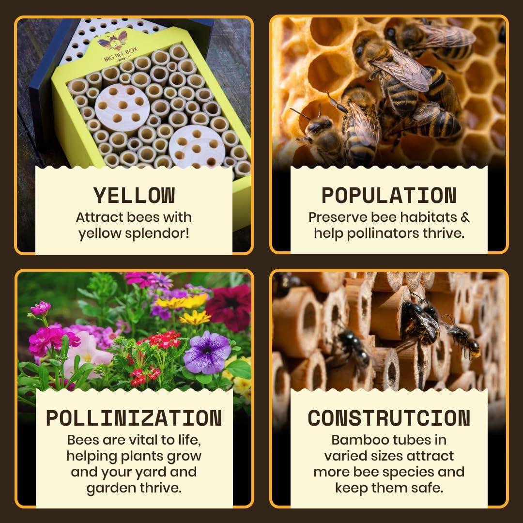 Bee House for Garden - Yellow with Nesting Tubes, Easy Mount