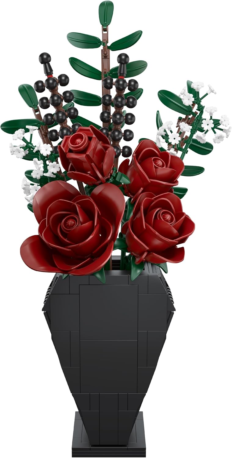 Bricktanicals Midnight Flower Bouquet Building Set, Gothic Blood Rose Halloween Arrangement with Coffin Vase