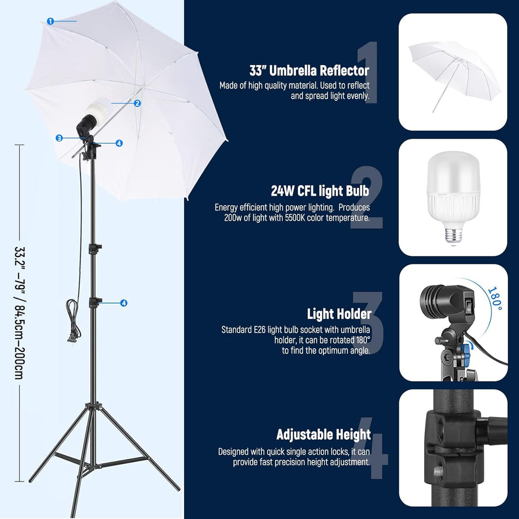 Photography Lighting Kit with Backdrops,8.5x10ft Backdrop Stands,5700K 800W Equivalent 24W LED Umbrella Softbox