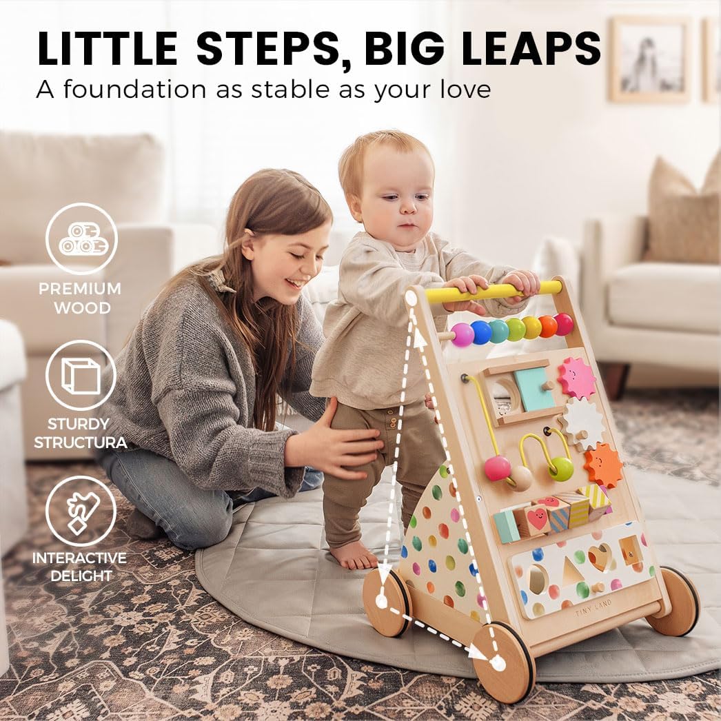 Wooden Baby Walker with Activity Center, Montessori Push Walker | Adjustable speed for beginners, From sitting play