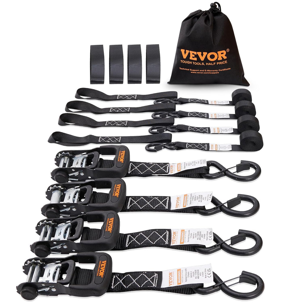 VEVOR Ratchet Tie Down Straps (4PK), 5208lbs Break Strength, 1.6" x 8' Heavy Duty Ratchet Tie Down Strap Set with
