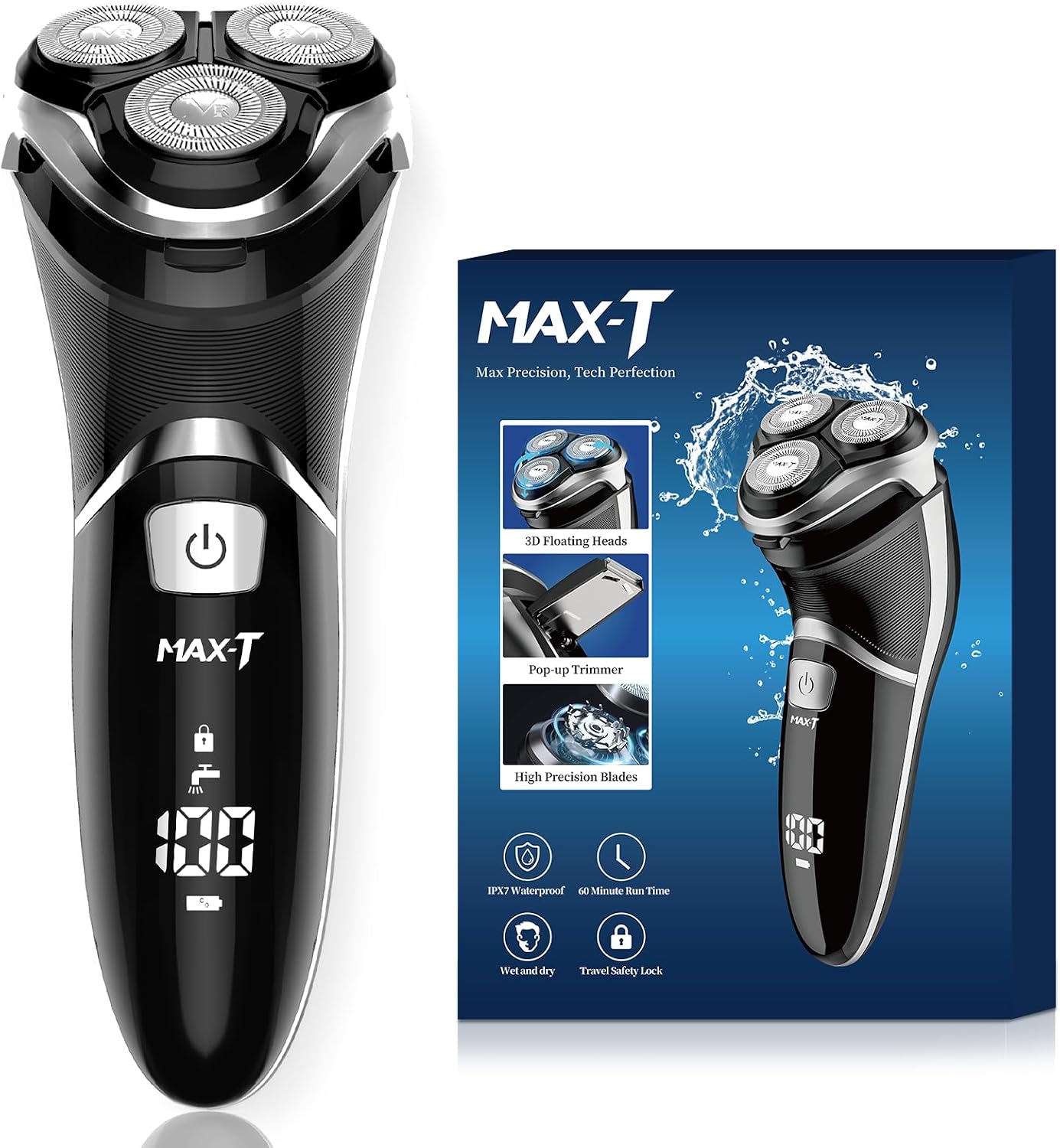 Men's Electric Shaver - MAX-T Corded and Cordless Rechargeable 3D Rotary Shaver Razor for Men with Pop-up Sideburn