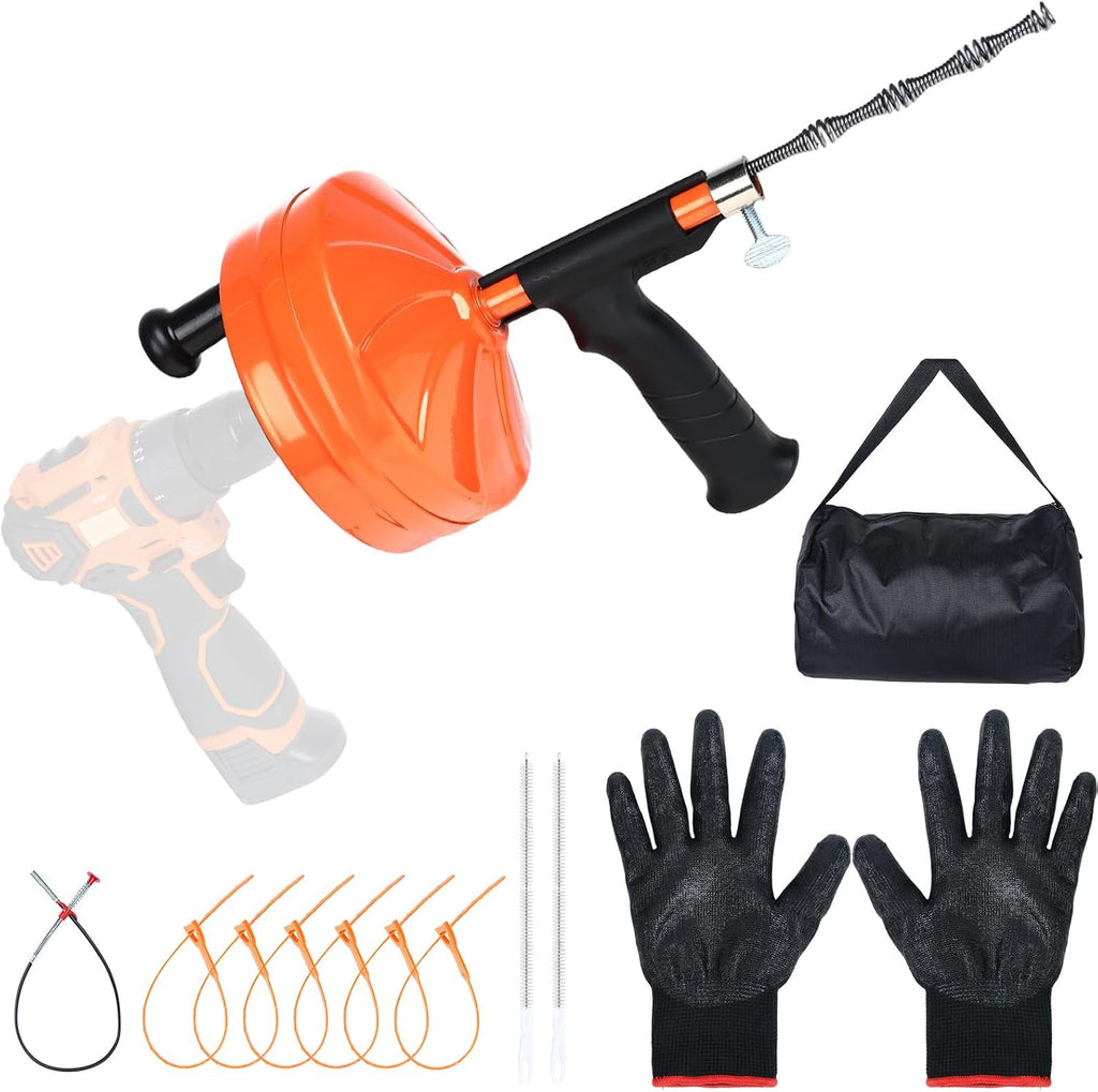 50 Ft Drain Auger,Use Manually or Drill Powered 50 Foot Drain Snake,Heavy Duty Flexible Plumbing Snake,With Gloves
