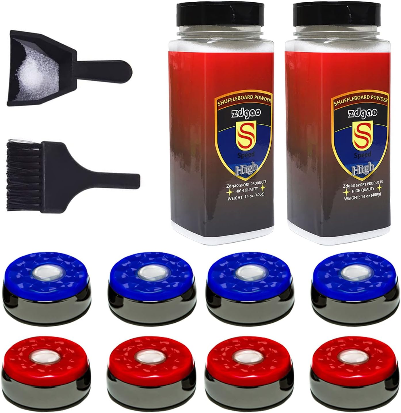 Shuffleboard Pucks w/ 2 Cans Shuffleboard Wax, Mini Dustpan and Brush for Shuffleboard Table, Complete Shuffleboard