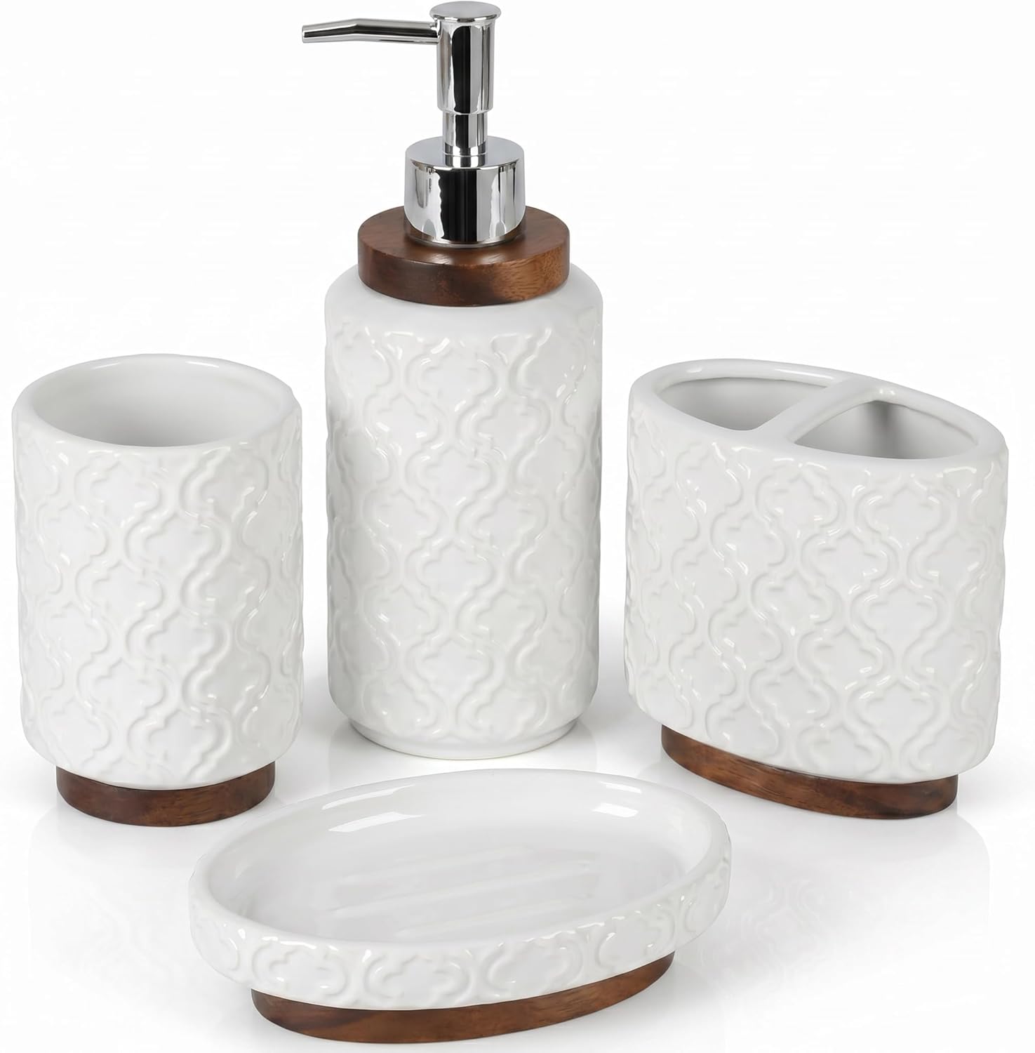 Ceramic 4-Piece Bathroom Accessory Set,White | Ceramic Bathroom Set 4-Piece Countertop Essentials Embossed Textured