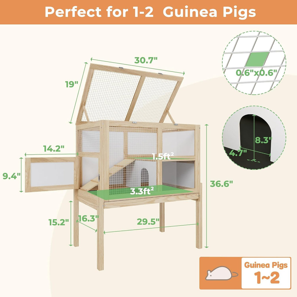 Guinea Pig Cages for 2, Rabbit Hamster Cage with Wooden Stand | 2-Story Large Indoor Small Animal House with a Pull