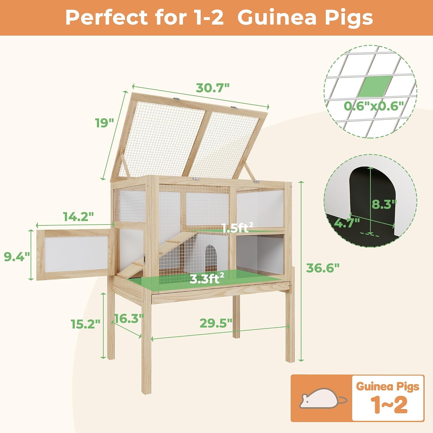 Guinea Pig Cages for 2, Rabbit Hamster Cage with Wooden Stand | 2-Story Large Indoor Small Animal House with a Pull