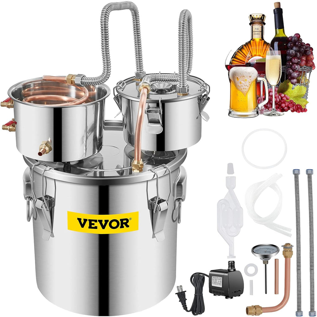 Alcohol Still, 3 Gallon, Stainless Steel Alcohol Distiller with Copper Tube & Build-in Thermometer & Water Pump