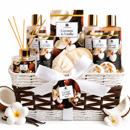 Spa Gift Basket for Women, Coconut & Vanilla 12-Piece Bath Gift Set with Shower Gel, Shampoo, Bubble Bath, Diffuser