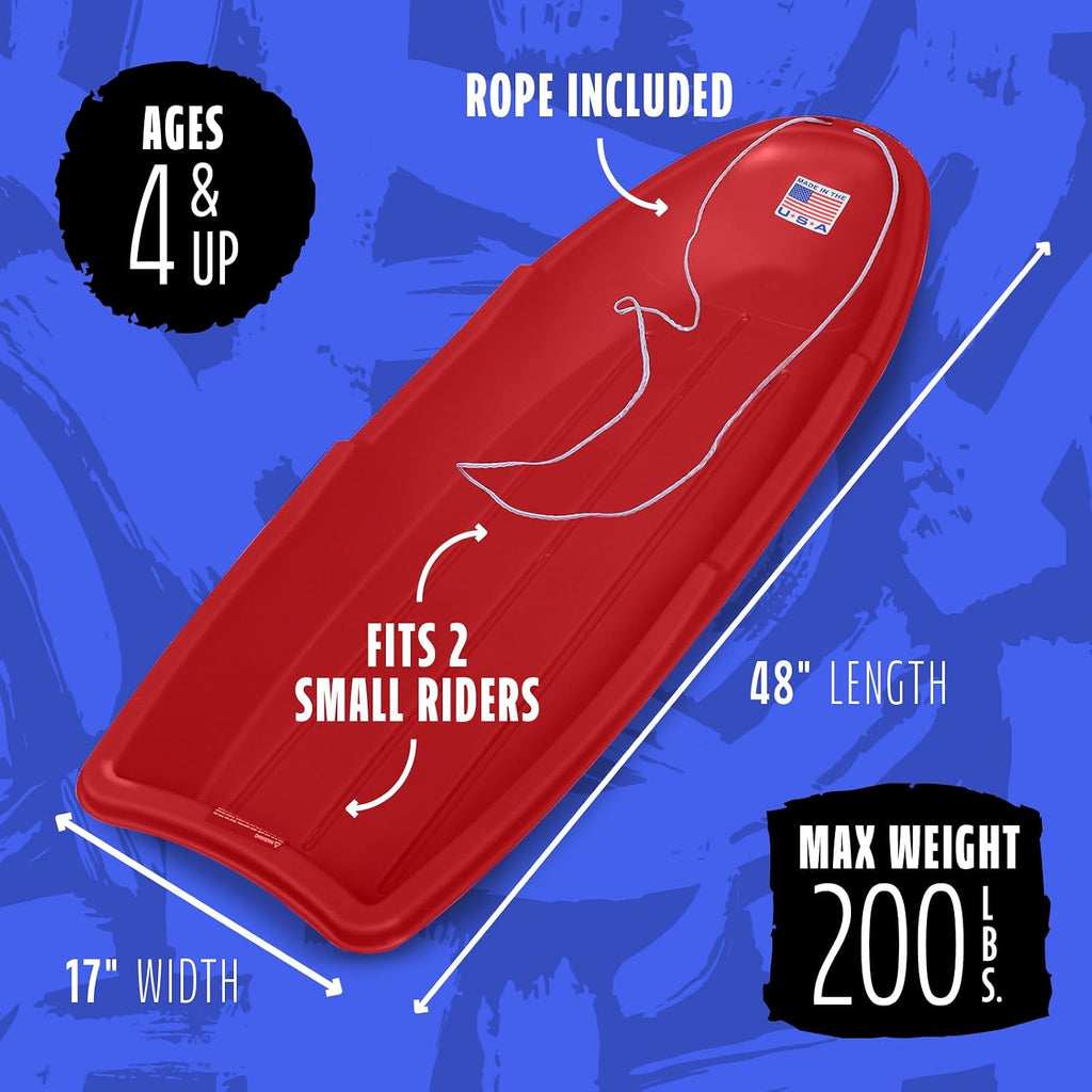 Winter Lightning Snow Sleds for Kids and Adults (Red) - 48 Inch Toboggan Style Plastic Sled with Hard Bottom for