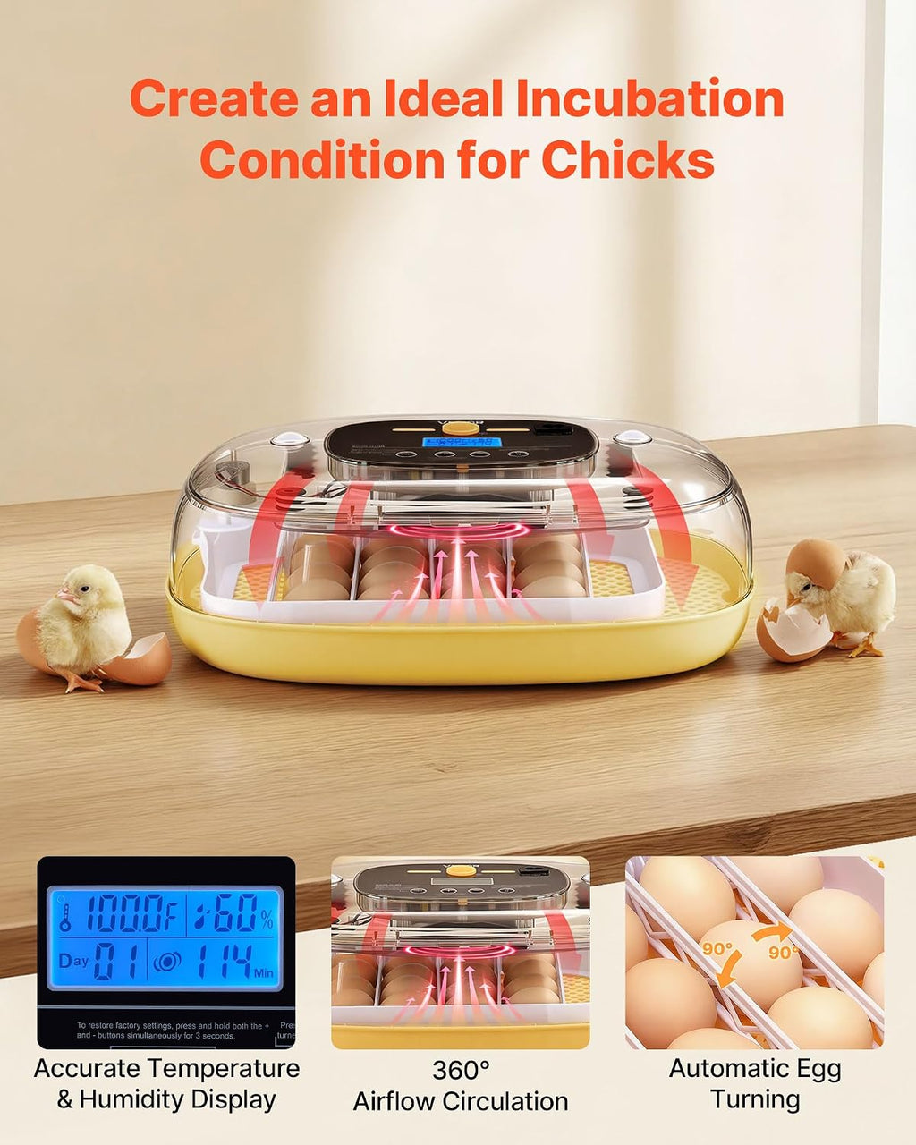 24 Egg Incubator, Automatic Egg Turner with LED Candler, Temperature & Humidity Control, 360° View Clear Window, Auto