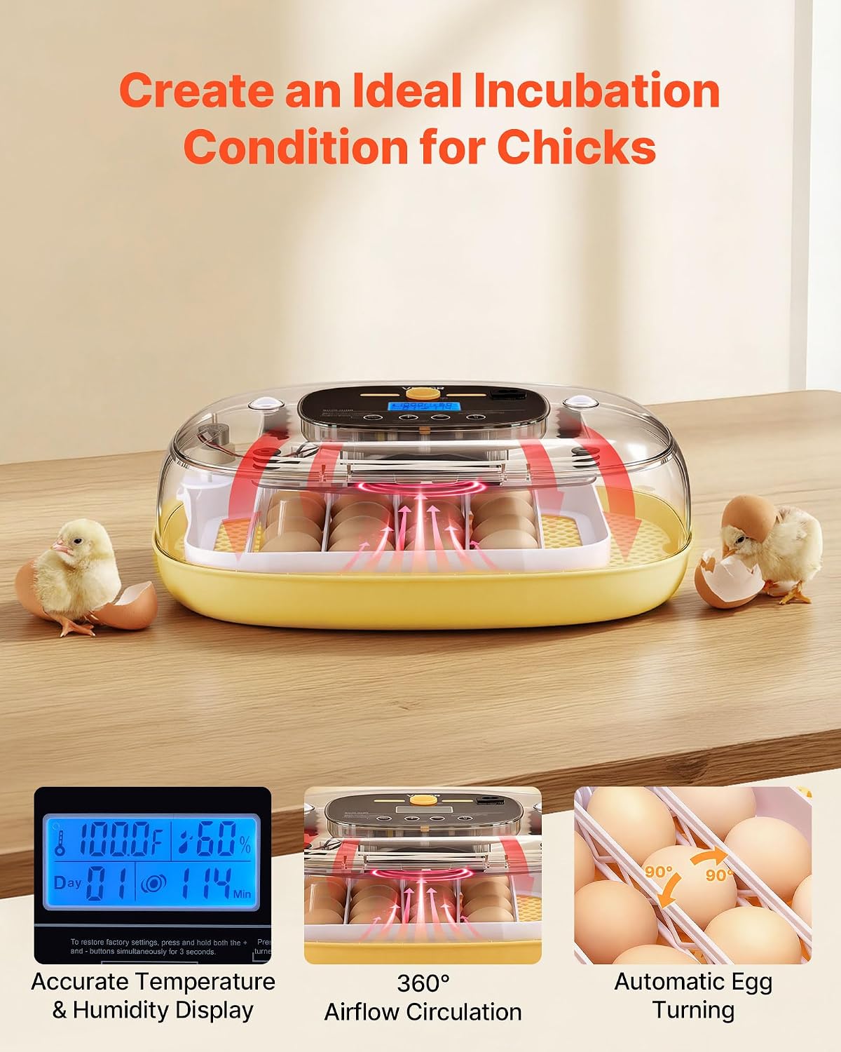 24 Egg Incubator, Automatic Egg Turner with LED Candler, Temperature & Humidity Control, 360° View Clear Window, Auto