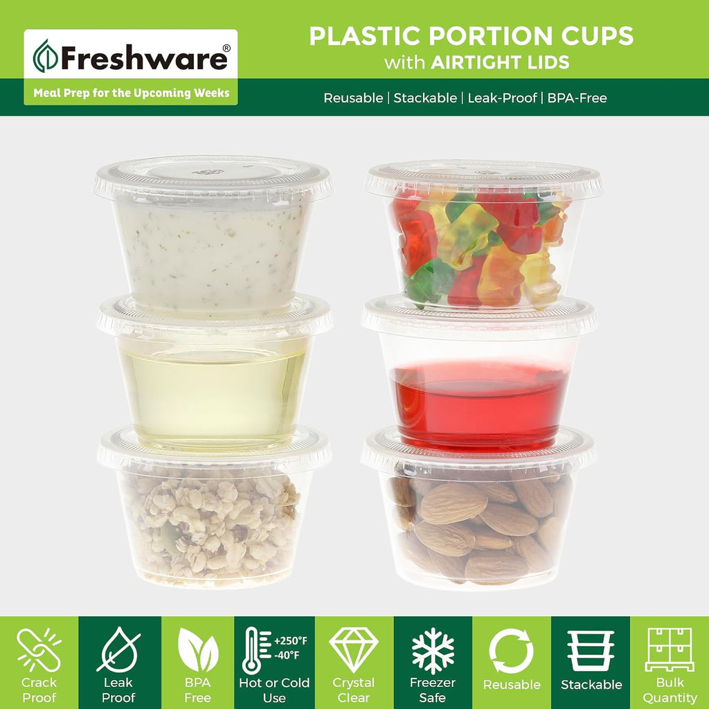 Plastic Portion Cups with Lids [4-Ounce, 100 Sets] - Souffle, Sampling, Sauce, Snack, Dressing, Jello Shot Cups