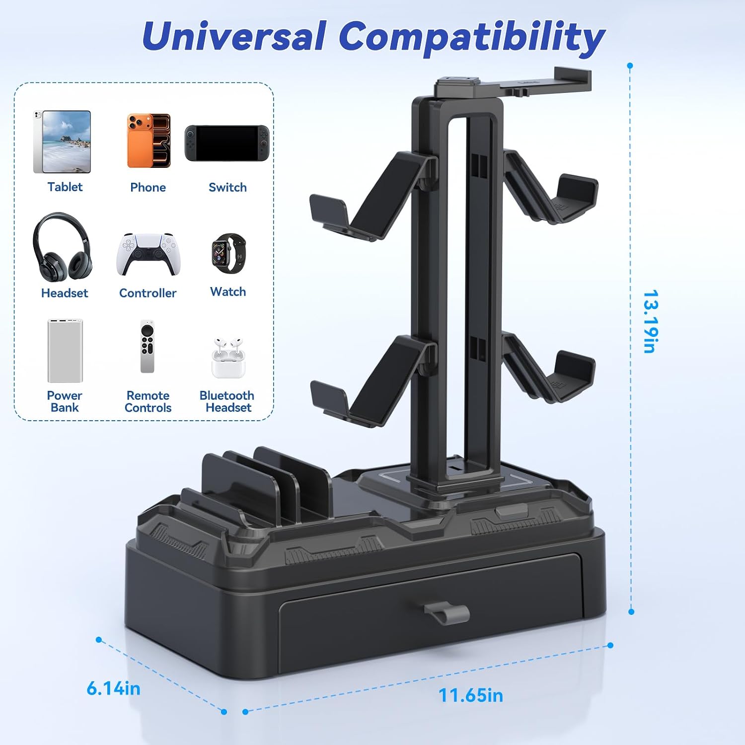 Headphone Stand with Drawer - Rotatable Headset & Detachable Controller Holder for Desk - Multifunctional Organizer