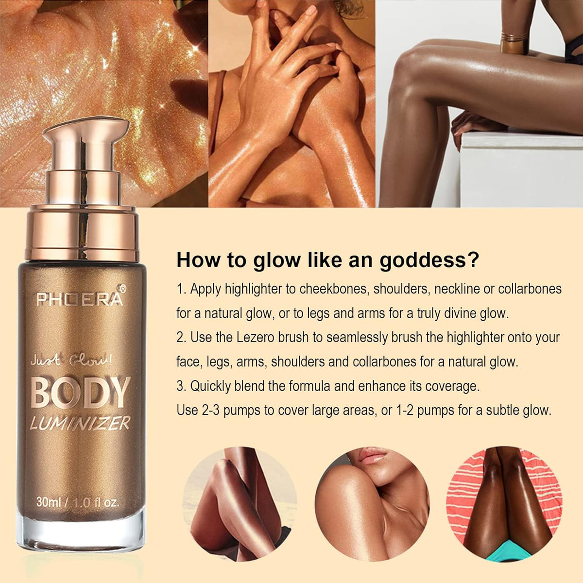 Body Shimmer Oil, Glistening Bronze Natural Glow Luminizer, Brush Include
