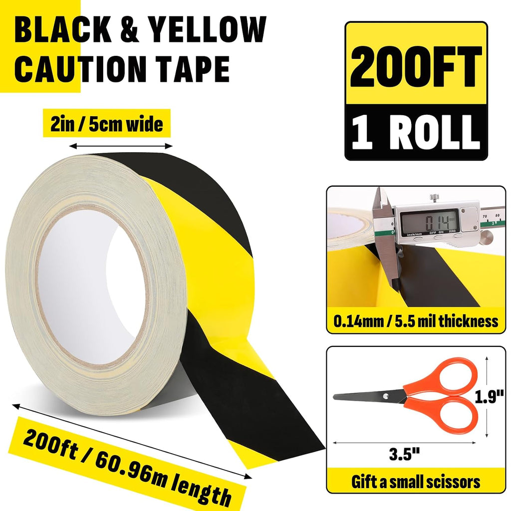 2in x 200 FT Black & Yellow Caution Tape Roll, Safety Tape | Black & Yellow Floor Marking Tape, High Adhesive Hazard