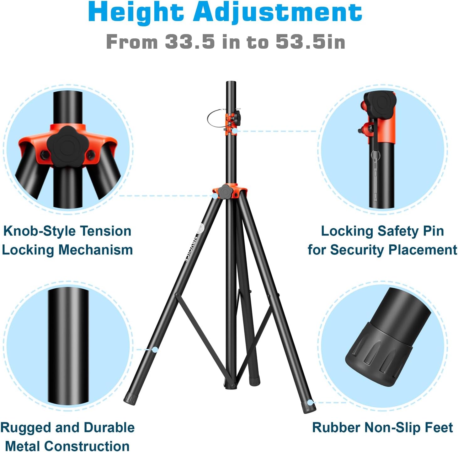 Speaker Stands Heavy Duty - Adjustable Height 50.5'' to 83.5'', Speaker Tripod Stand with Non-Slip Rubber Feet,144lbs