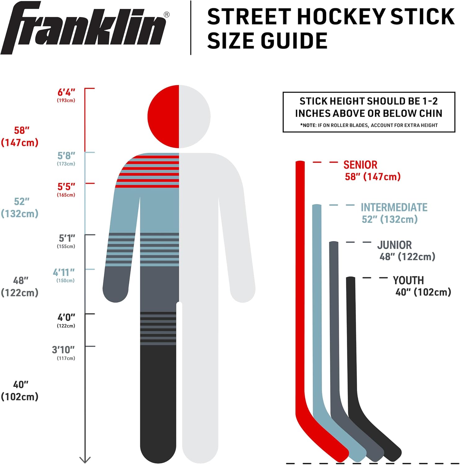 Franklin Sports NHL Kids Street Hockey Sticks - Youth, Junior + Senior Sticks - Right + Left Handed - 40", 48" + 56"