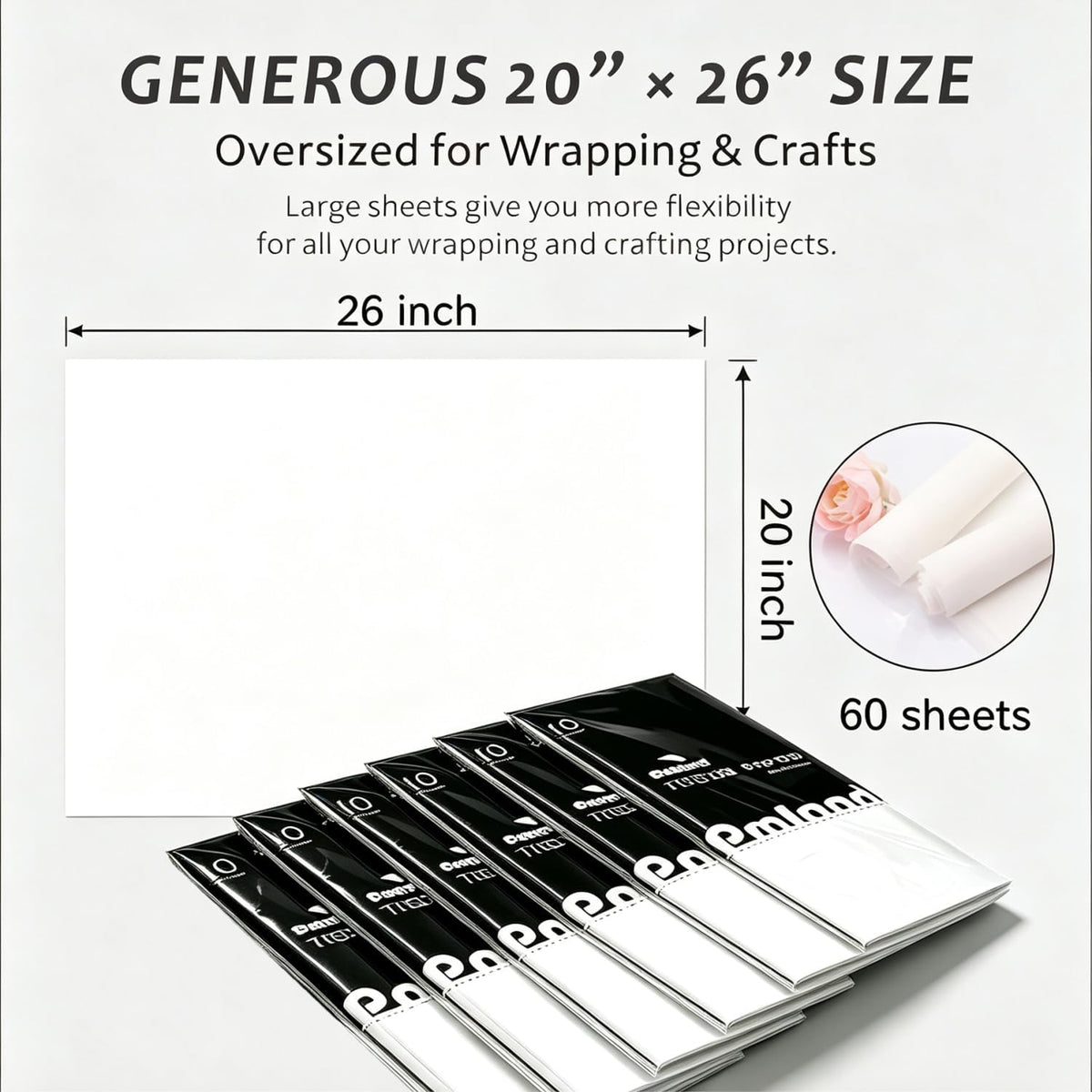 White Tissue Paper, 60 Sheets, 26 x 20 Inches, Gift Bags & Wrapping